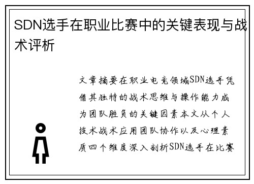 SDN选手在职业比赛中的关键表现与战术评析