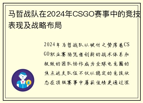 马哲战队在2024年CSGO赛事中的竞技表现及战略布局